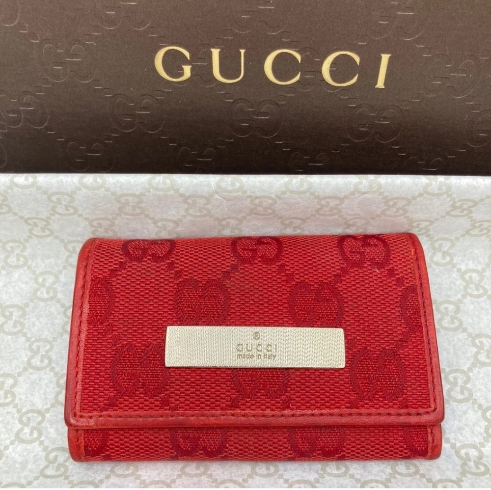❤️▪️GUCCI ▪️Key case Key holder Red Leather Cow Canvas